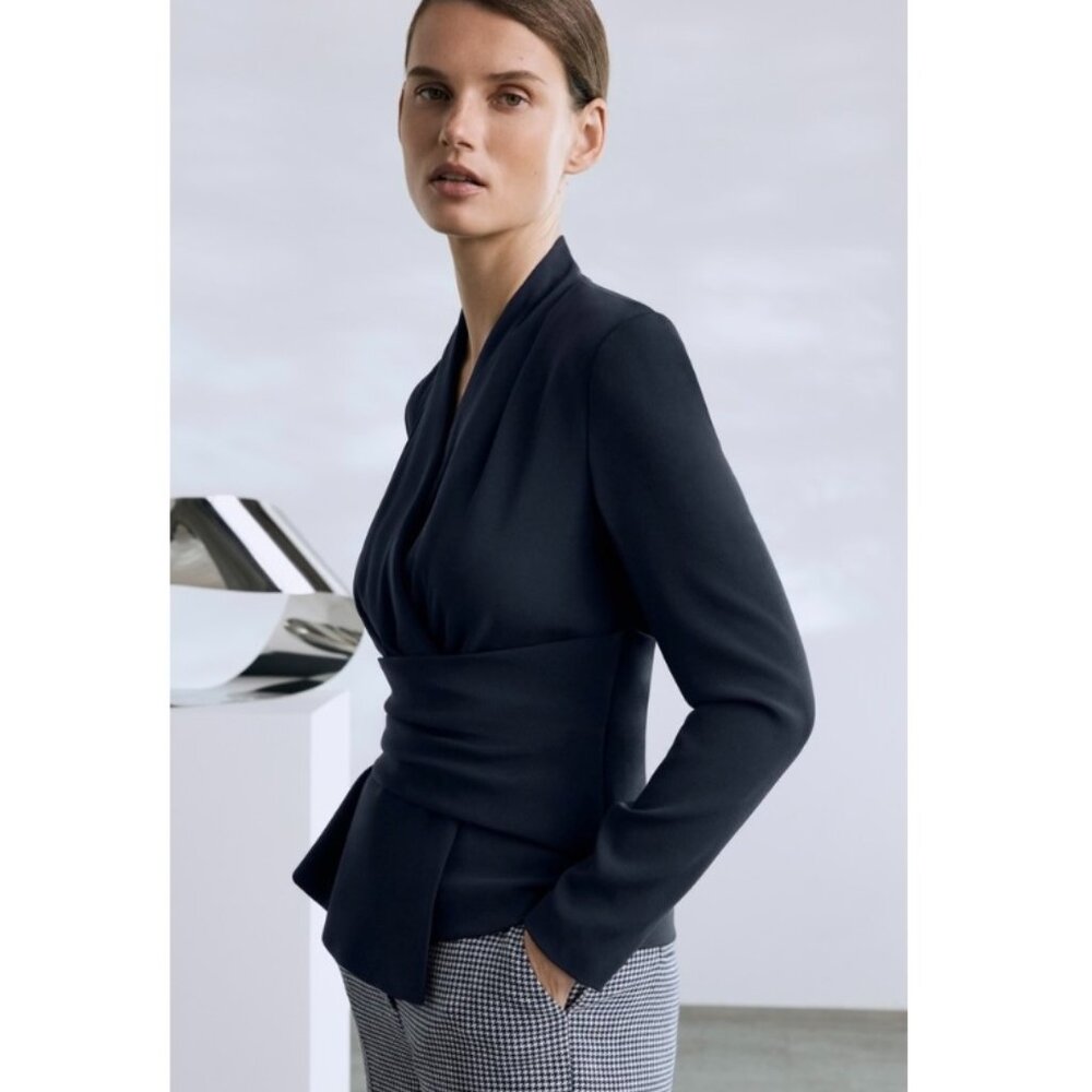 The Fold London Crepe Belleville Wrap Top, Navy, Hour Glass Sillhouette, New